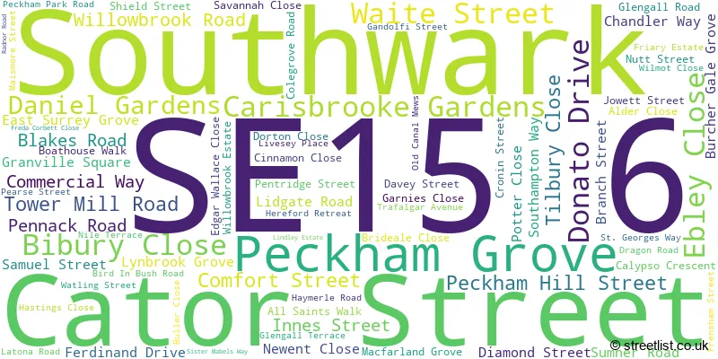A word cloud for the SE15 6 postcode